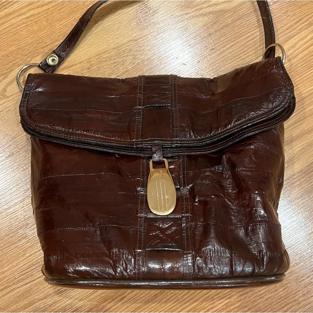 Vintage cognac brown Eel Skin Leather Shoulder Bag made in Korea - Picture 1 of 9